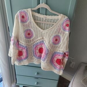POL V-Neck Crochet Sweater in Cream with Pink and Purple Accents